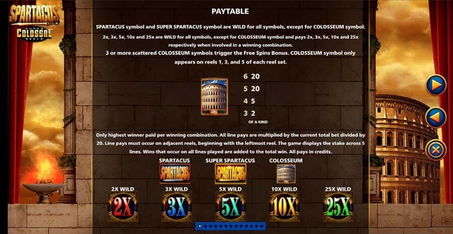 Spartacus Super Colossal Reels Slot Paytable