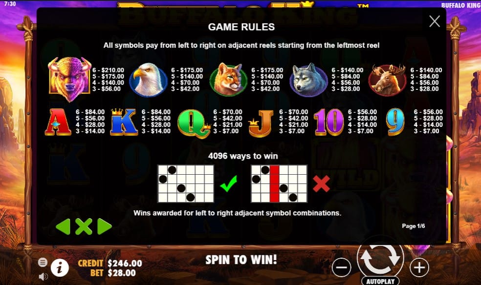 Buffalo King Slot Paytable