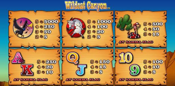 Wildcat Canyon Slots Paytable